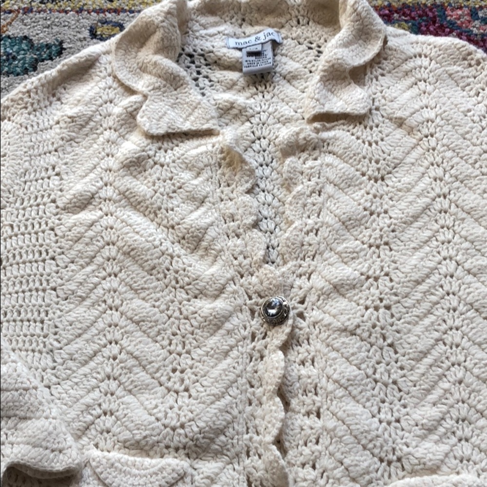 Vintage crochet cotton angora cardigan size small